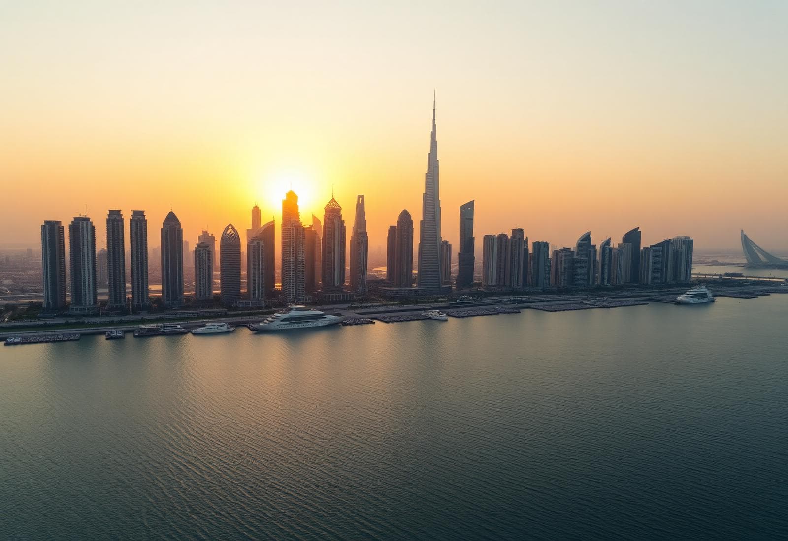 أفق دبي عند الغروب — برج خليفة وأبراج وسط المدينة