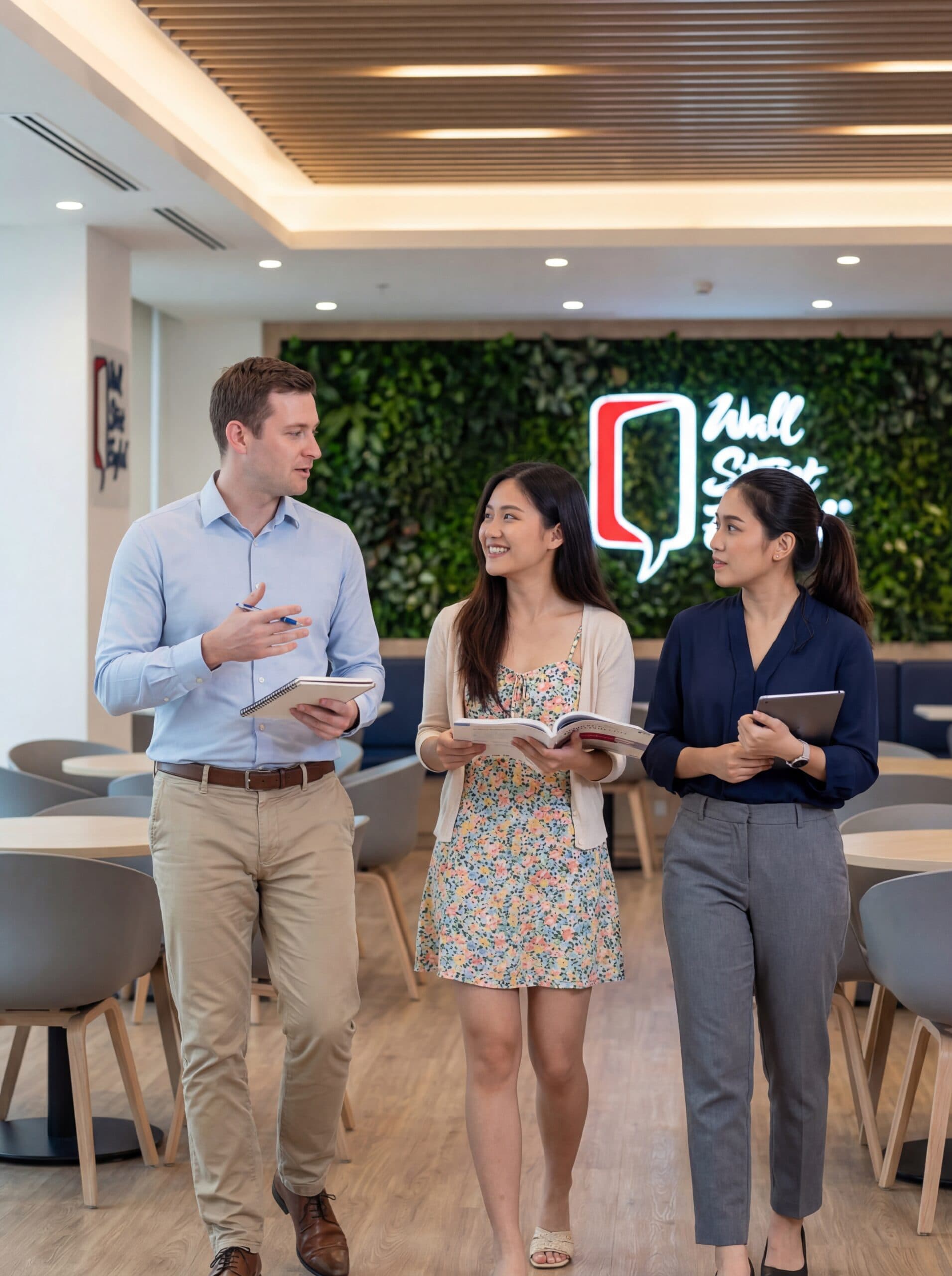 Three Wall Street English UAE students walking through the centre lobby for placement