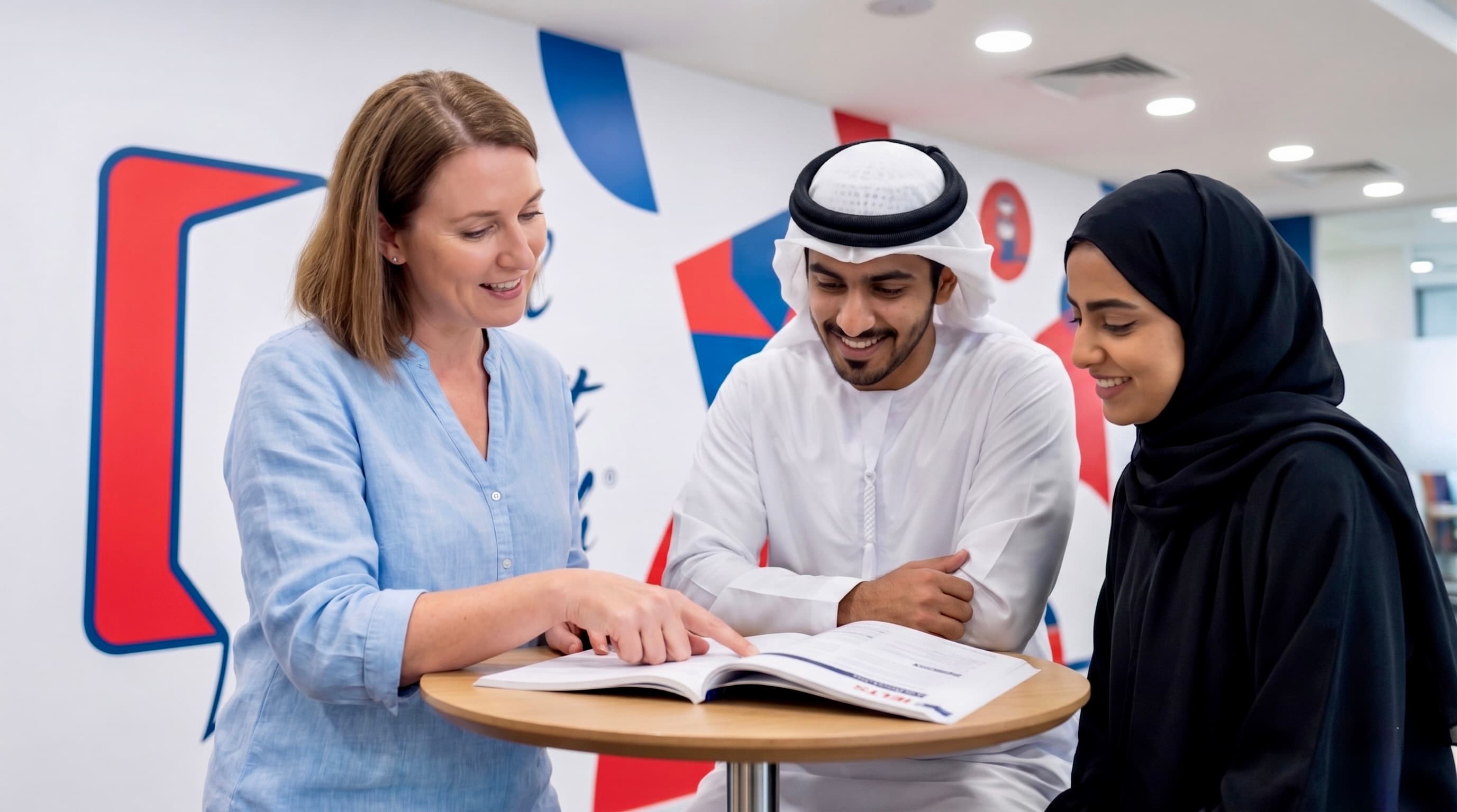 معلّمة وول ستريت إنجلش مع طالبَين في أحد مراكز التعلّم
